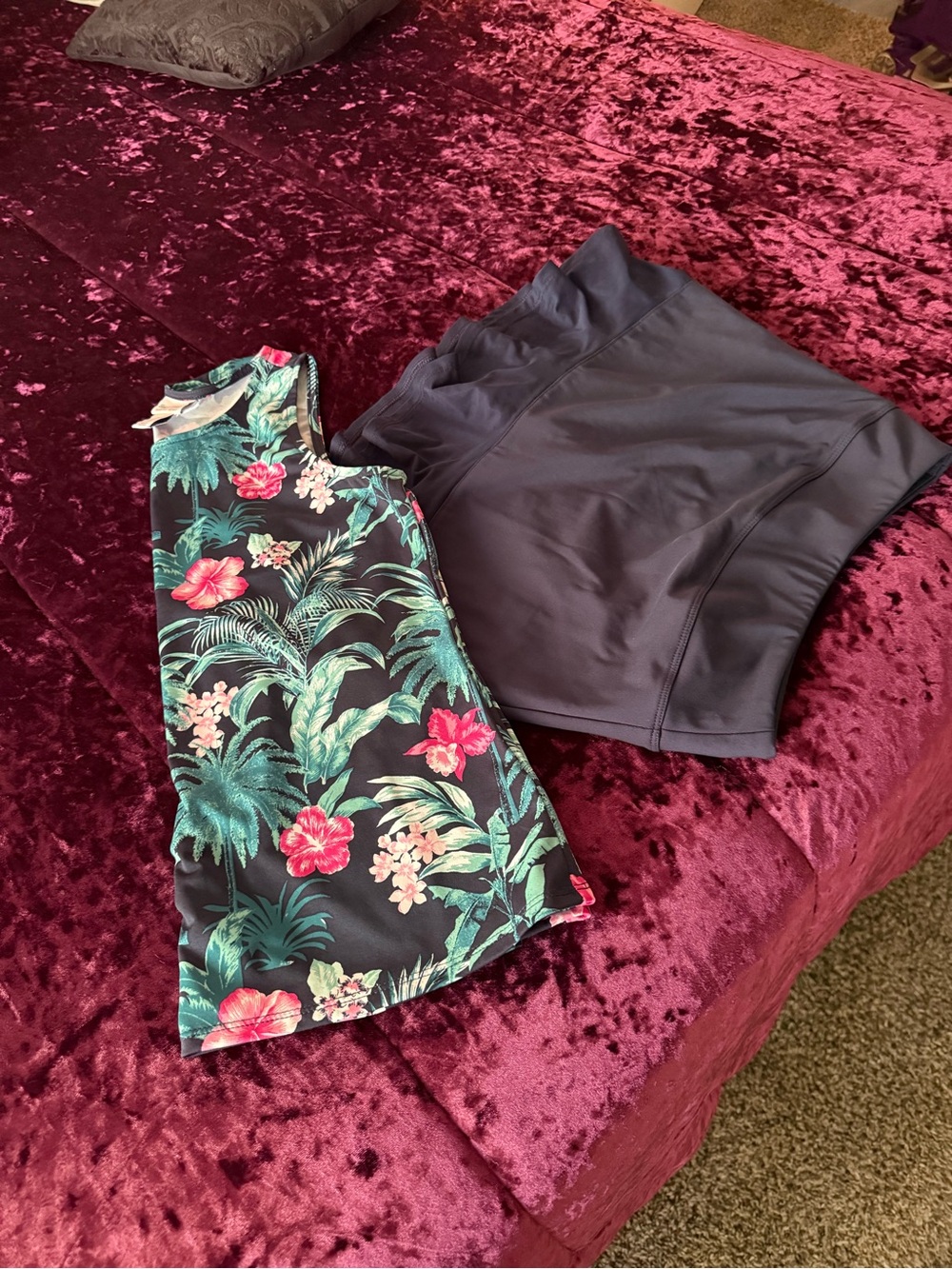 Tommy Bahama Black Tropical Floral Tank with Solid Blue Shorts